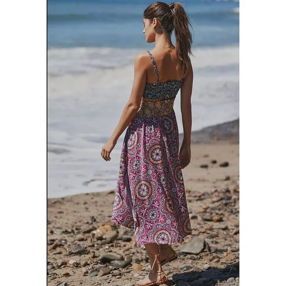Anthropologie Cutout Smocked Midi Dress Size S Mixed Paisley Medallion Blue Pink - Picture 6 of 11